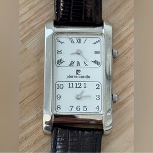Pierre Cardin Rare Dual Dial Watch Curvex Crystal White Dial Black Leather Strap